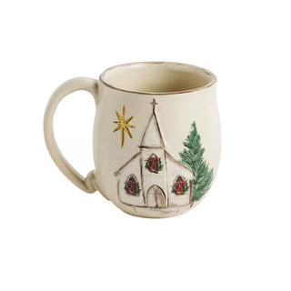 Detail view of hand-painted icon on Mud Pie speckled stoneware mug