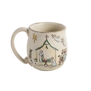 Close-up of Mud Pie nativity mug showing artisanal speckled stoneware finish
