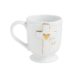 Alternate Mud Pie faith-based stoneware pedestal mug with gold-accented raised design
