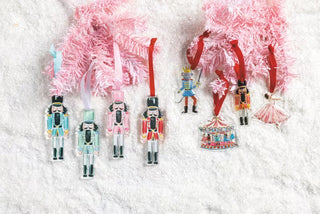 Mud Pie acrylic nutcracker ornaments in red, blue, green and pink