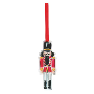 Mud Pie red acrylic nutcracker ornament with grosgrain ribbon loop