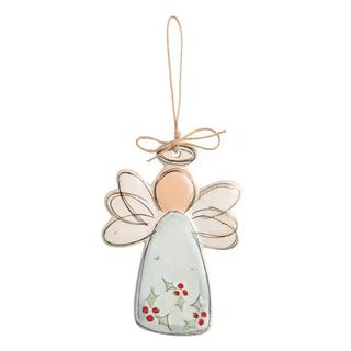 Mud Pie speckled stoneware angel ornament with holly design