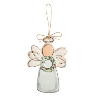 Mud Pie speckled stoneware angel ornament with wreath design and twine hanger