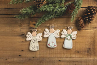 Mud Pie hand-painted speckled stoneware angel ornaments in three styles