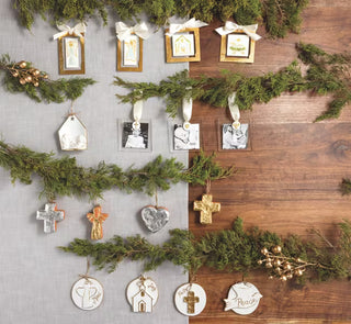 Mud Pie gold icon acrylic ornaments in angel, baby Jesus and nativity designs