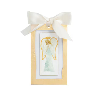 Front view of Mud Pie gold acrylic ornament with satin ribbon bow