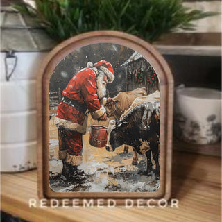Santa with Cows Christmas Arch Framed Art, 8.25" x 11”