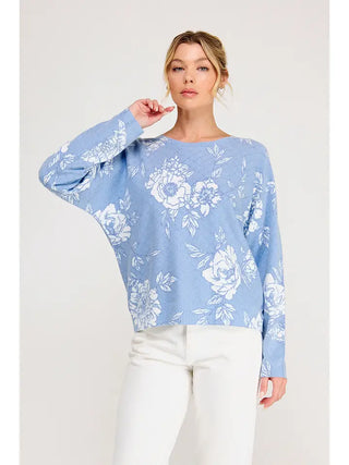 ALLIE ROSE Women's Autumn Bouquet Knit Sweater, Peri Blue