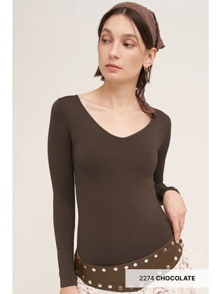 NIKIBIKI Women's Jersey V Neck Long Sleeve Bodysuit, Chocolate