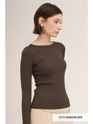 NIKIBIKI Women's Wide Ribbed Long Sleeve Top, Chocolate