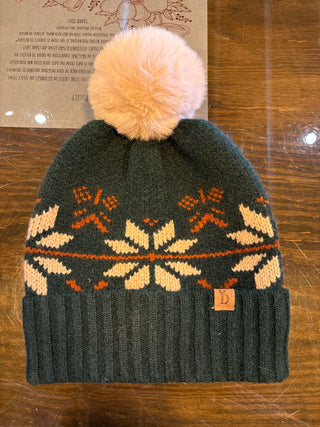 Winter Haven Cable Pom Hat, Dark Green, Rust w/ White
