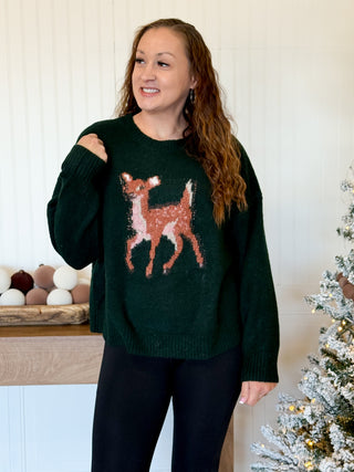Forest Baby Deer Holiday Sweater, Vintage Green