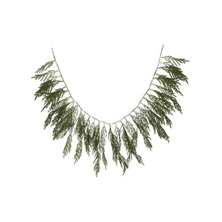 Close-up of realistic faux cypress greenery on holiday garland