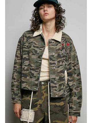 POL Women's Olive Thicket Embroidered Crop Jacket