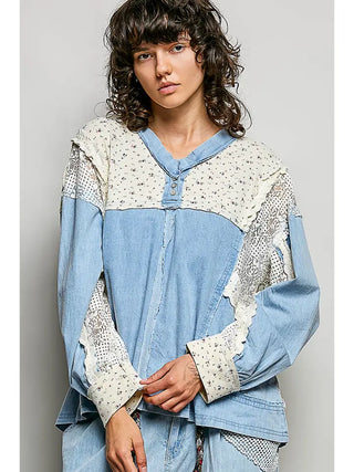 POL Women's Blue Thistle Lace Gauze Top