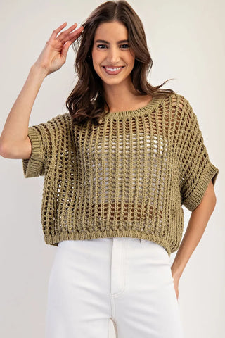 Sundrift Crochet Open Knit Sweater Top, Dry Herb