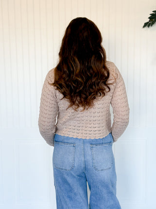 Latte Pointelle Scallop-Hem V-Neck Sweater