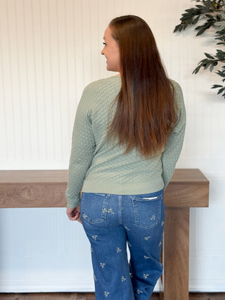 Serene Sage Pointelle Crewneck Sweater