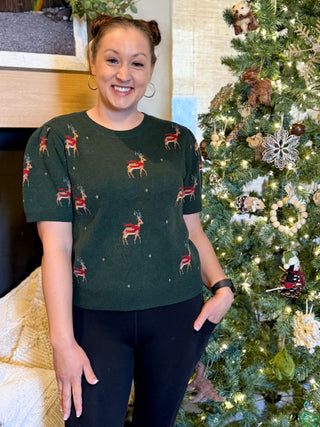 Reindeer Puff Sleeve Sweater, Pine Green