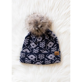 Winter Haven Cable Pom Hat, Navy & Gray Floral Pattern
