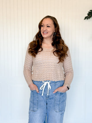 Latte Pointelle Scallop-Hem V-Neck Sweater