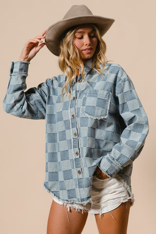 Washed Checkered Denim Shacket Shirt, Denim