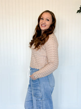 Latte Pointelle Scallop-Hem V-Neck Sweater