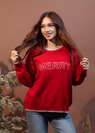 POLAGRAM Women's Red Merry Season Embroidered Knit