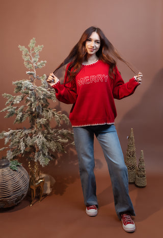 POLAGRAM Women's Red Merry Season Embroidered Knit