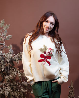 POLAGRAM Women's Ivory Peppermint Bow Sweater