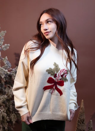 POLAGRAM Women's Ivory Peppermint Bow Sweater