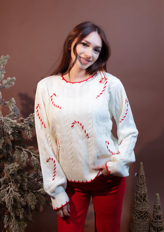 HEM & THREAD Women's Candy Cane Crush Cable Knit Sweater