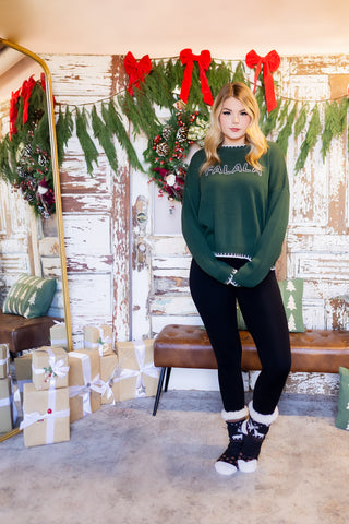 POLAGRAM Women's Green Fa La La Festive Sweater