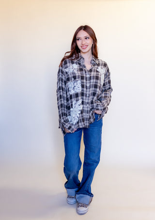 POL Women's Twilight Garden Plaid Appliqué Shirt