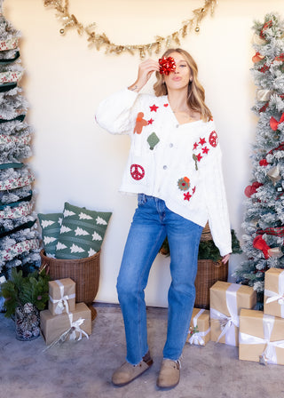 POL Women's Peace, Love & Mistletoe Chenille Cardigan