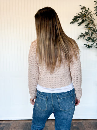 Latte Pointelle Scallop-Hem V-Neck Sweater