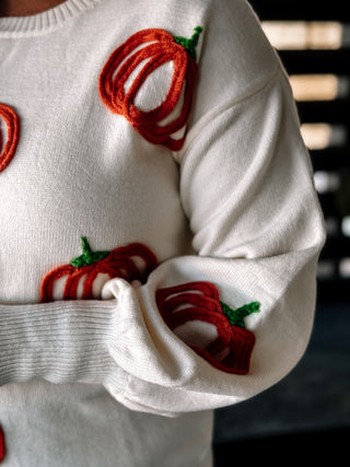 Hello Pumpkin Embroidered Halloween Fall Sweater, Cream