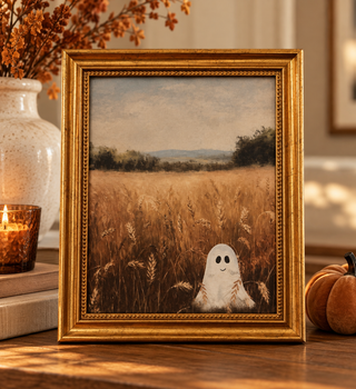 Halloween Ghost Wheat Field Print in Gold Frame