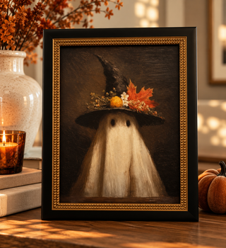Halloween Boho Ghost Witch Hat Print in Gold &amp; Black Frame