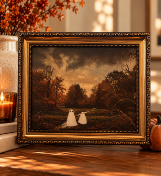 Halloween Two Ghosts in the Woods Print in Gold Frame