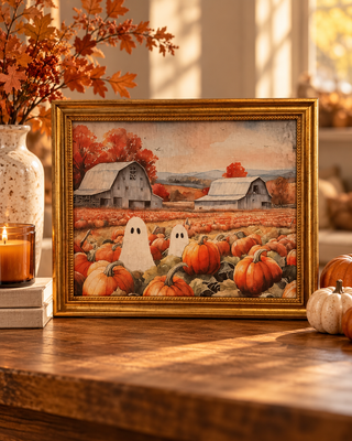 Halloween Ghosts in the Pumpkin Patch Print in Gold Frame