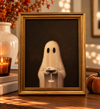 Halloween Ghost Drinking Martini Print in Gold Frame
