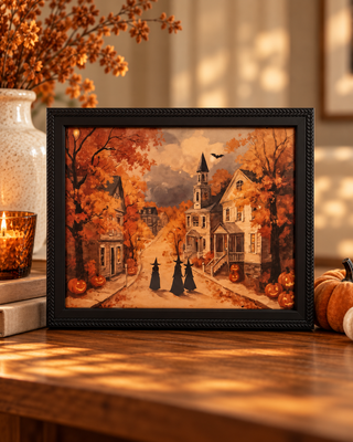 Halloween Three Witchy Friends Autumn Road Print in Black Frame