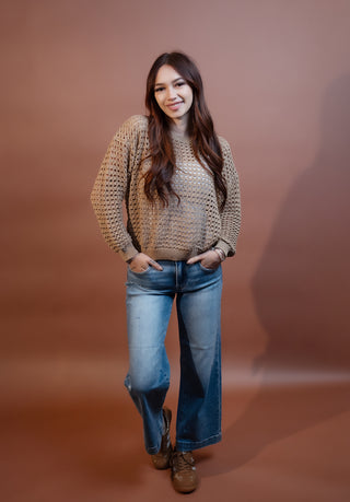 ALLIE ROSE Women's Latte Lace Pointelle Sweater