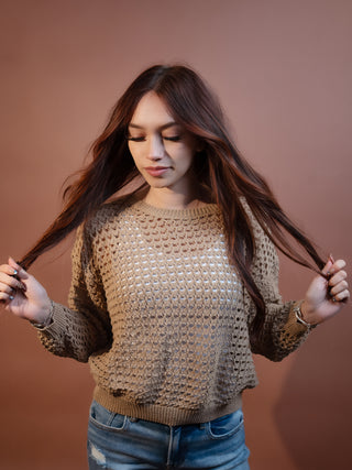 ALLIE ROSE Women's Latte Lace Pointelle Sweater