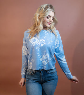 ALLIE ROSE Women's Autumn Bouquet Knit Sweater, Peri Blue
