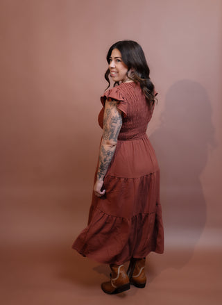 BLUE PEPPER Harvest Flutter Sleeve Midi Dress, Terracotta