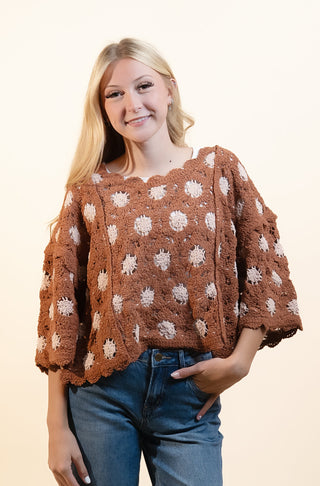 POL Women's Orchard Weave 3/4 Sleeve Top, Brick/Latte