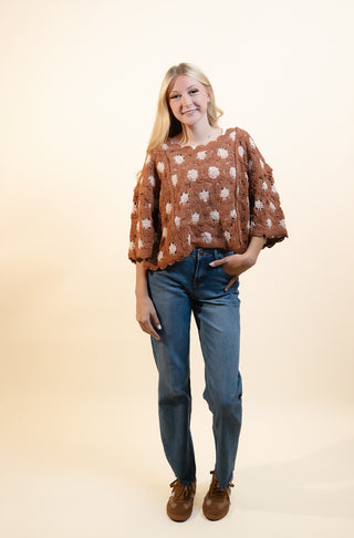 POL Women's Orchard Weave 3/4 Sleeve Top, Brick/Latte