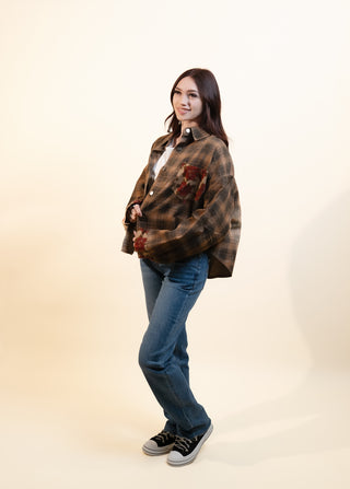 POL Women's Chocolate Wildflower Patch Shacket